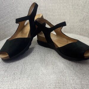 Women’s Dansko Black Suede Open-Toe Wedge Sandals. Super cute & comfortable!